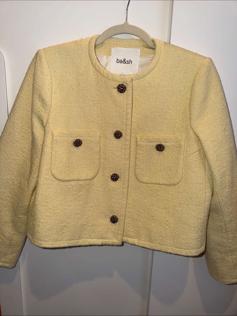 ba&sh Pale Yellow Bouclé Cropped Jacket